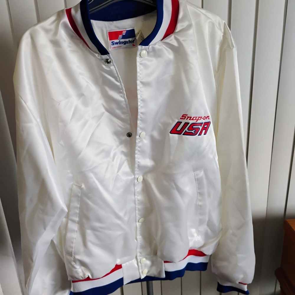Snap On Men's White Bomber Jacket with Red and Blue Accents